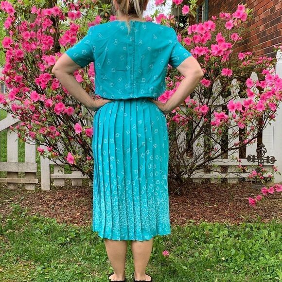 Vtg 80s/90s Leslie Fay turquoise dress - Picture 2 of 8